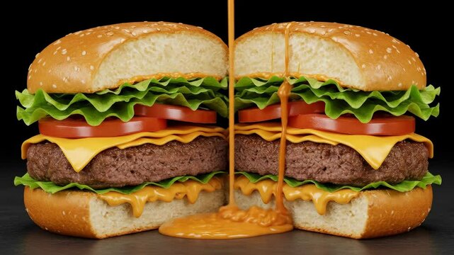 Juicy Cheeseburger with Melted Cheese Sauce - Close-up shot of a delicious cheeseburger cut in half, with melted cheese sauce pouring down the center.