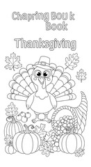 Cute thanksgiving turkey with pumpkins cornucopia and leaves coloring page isolated on transparent background