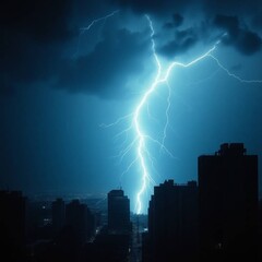 A cinematic depiction of lightning striking a city, dramatic lighting, film-like composition, high contrast, intense atmosphere.