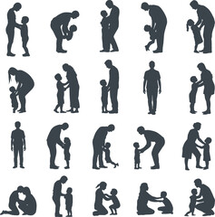 Silhouettes of parents and children interacting, bonding, playing, teaching, hugging, walking, and caring, family love, parenthood, childhood moments, emotional connection, togetherness