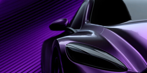 Close-up of a sleek futuristic purple sports car with smooth curves and reflective surface against a striped gradient background