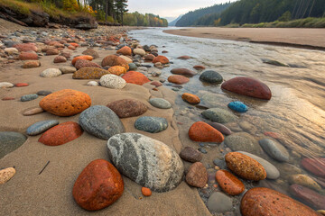 Varied colored rocks and pebbles scattered across a riverbed floor