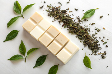 Beige and white soap bars with loose leaf tea and fresh green leaves