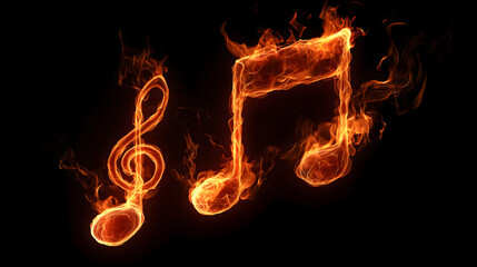 Illustration of musical notes burning fire floating on dark background
