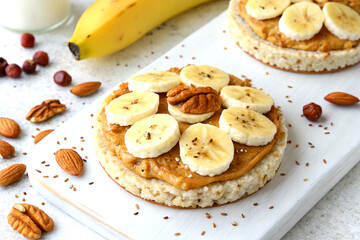 Flat lay of rice cake topped with banana slices and creamy nut butter