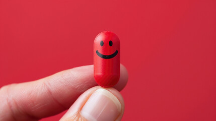 Hand holding a pill with a smiley face, symbolizing love and vitality