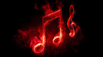 Illustration of musical notes burning fire floating on dark background