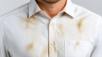 A close-up shows a man wearing a white dress shirt heavily soiled with dirt and grime around the collar, chest, and pocket area.