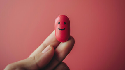 Hand holding a pill with a smiley face, symbolizing love and vitality