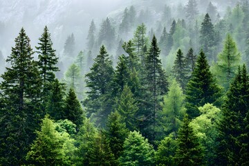 Fototapeta premium Evergreen Forest Shrouded in Misty Mountain Serenity