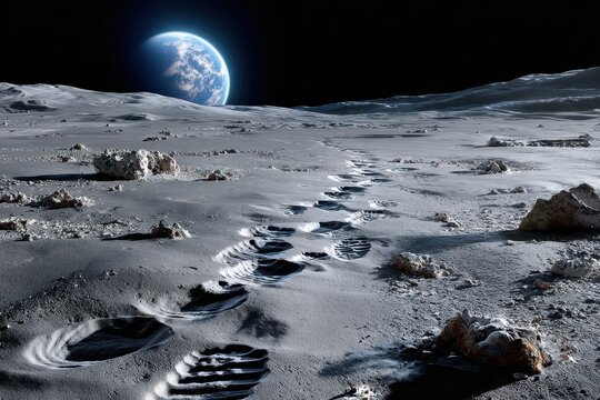 Footprints on the moon with Earth visible in the background at twilight