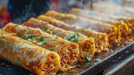 Pancakes rolled with vegetables and meat delicacies