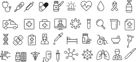 Medical Healthcare Line Icon Set – Thin Linear Vector Symbols for Medicine, Emergency & Telehealth