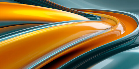 Fototapeta premium Abstract composition of flowing orange and teal glossy forms with smooth curves and reflective metallic surfaces