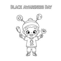 Fototapeta premium Cute cartoon child celebrating black awareness day with festive items isolated on transparent background