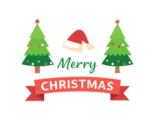 "Modern Flat 'Merry Christmas' Vector Banner with Pine Trees & Santa Hat"