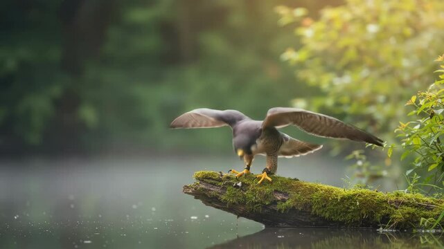 Peregrine Falcon Landing on Mossy Log - A peregrine falcon with wings slightly outstretched lands gracefully on a mossy log extending over calm water.