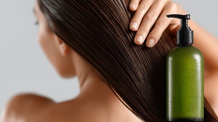 Woman with long, smooth hair and a green pump bottle, likely applying hair care product for nourishment and shine.