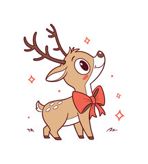"Cute Reindeer Vector with Red Bow, Antlers, and Playful Expression"