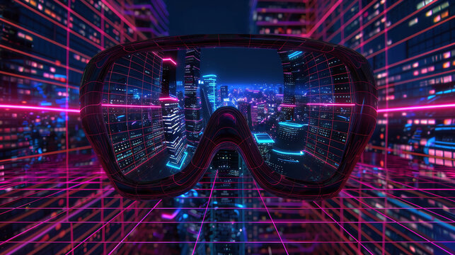 Metaverse city future concept. View from vr glasses on concept of virtual digital reality. Simulation of network futuristic world.