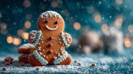 Obraz premium Festive gingerbread man cookie adorned with icing smiles amid a wintery backdrop, perfect for celebrating seasonal holidays and enjoying delightful Christmas baking traditions