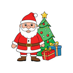 "Christmas Cartoon Santa Claus with Gifts and Christmas Tree on White Background"