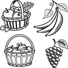 Hand-drawn vector illustration of a basket of fresh fruit and healthy vegetables