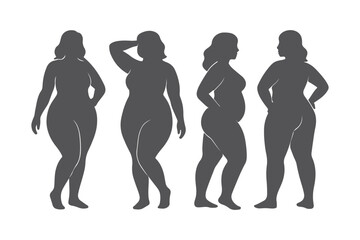 Embracing Diversity: Silhouette of four different plus-size figures, promoting body positivity and inclusion in elegant and sophisticated poses.