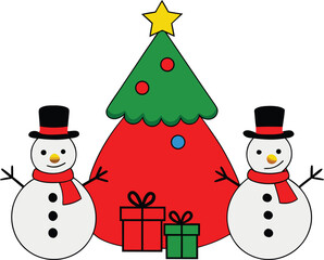 "Festive Christmas Scene with Decorated Tree, Snowmen, and Holiday Decorations"