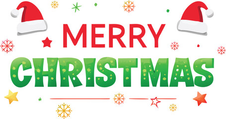 "Modern Flat Style 'Merry Christmas' Vector Banner with Santa Hat & Festive Decorations"