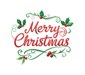 "Elegant 'Merry Christmas' Vector with Holly Leaves & Red Berries in Script Typography"