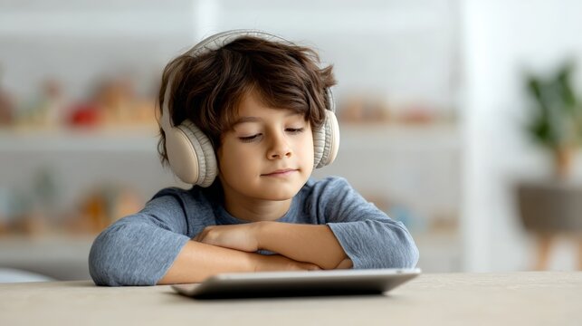 Young boy wearing headphones and using a tablet engages in remote learning, embracing the comfort and flexibility of studying from home while enjoying the digital education experience