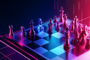 Strategic Battle of Minds Unfolding on a Neon Lit Chessboard