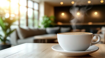 Fototapeta premium Steaming cup of coffee on wooden table in cafe.