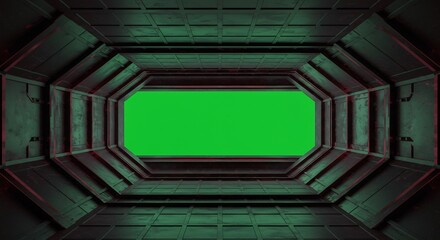 Obraz premium Sci-Fi Tunnel with Green Screen: Dark, Geometric, Industrial Interior