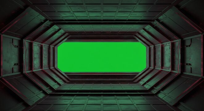 Sci-Fi Tunnel with Green Screen: Dark, Geometric, Industrial Interior