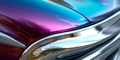 Close-up of a vibrant iridescent car hood with smooth chrome detailing and colorful reflections in purple, blue and cyan tones
