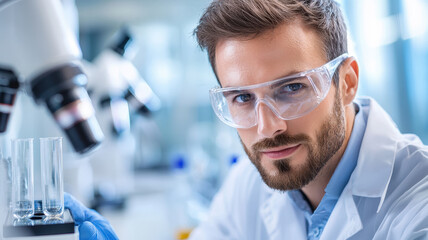 Scientist in laboratory setting is focused on conducting research with microscope and test tubes. environment is bright and modern, reflecting advanced scientific exploration and innovation