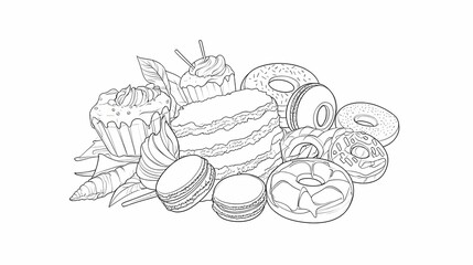 Naklejka premium Hand-drawn assortment of pastries and desserts.