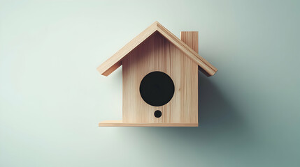 Wooden birdhouse mounted on a light blue wall. Simple design.