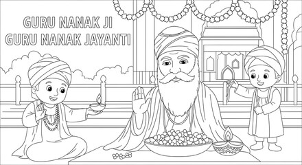 Obraz premium Children celebrating guru nanak jayanti with guru nanak ji isolated on transparent background