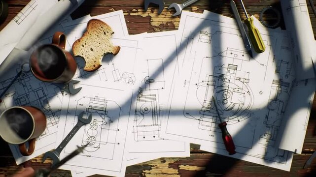 Blueprints And Tools Scattered On A Wooden Table With Coffee Mugs And Bread Under Sunlight
