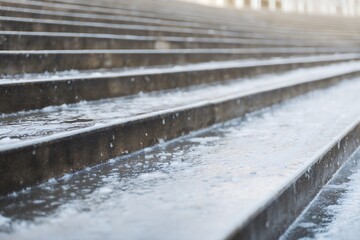 Icy Outdoor Staircase With Patches of Frost During Winter