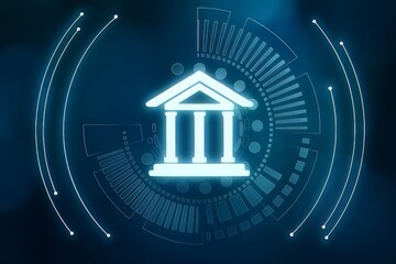 Futuristic Banking: A Digital Bank Building with Glowing Blue Technology Elements Conveying Security, Efficiency, and Innovation in Financial Technology