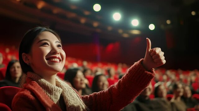Moviegoers Smile and Thumbs Up in Approval