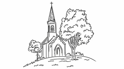 Hand-drawn sketch of a church and trees.