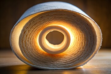 A closeup of a paper towel roll reveals a textured, circular pattern