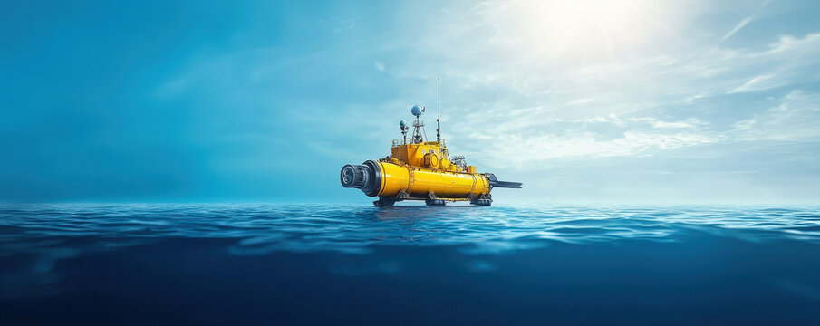 Bright yellow submarine floats on calm blue waters under clear sky, showcasing advanced technology and exploration capabilities. scene evokes sense of adventure and discovery - Powered by Adobe