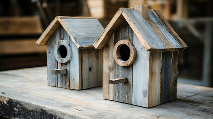 Two wooden birdhouses sit on a wooden surface outdoors.