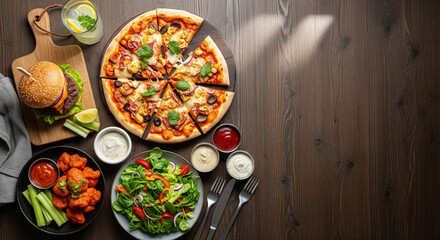  Top view spread of pizza, a juicy burger, spicy chicken, fresh salad, and drinks on a rich wooden table with copy space © Kaluya Stock